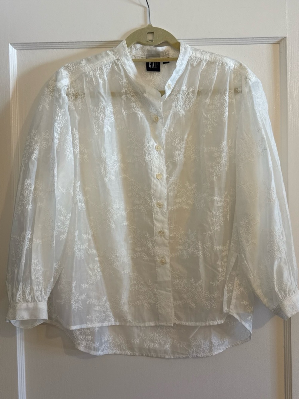 GAP White Sheer Embroidered Band-Collar Button-Down